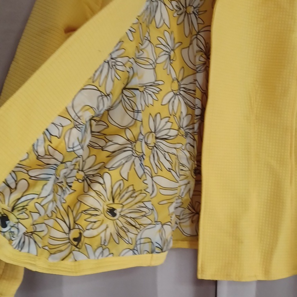 Sara Isabella Bright Yellow Square Textured Jacket Open Front Floral Lined Sz S - Picture 9 of 15